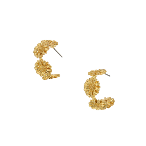 Gold Daisy Crown Hoop Post Earrings